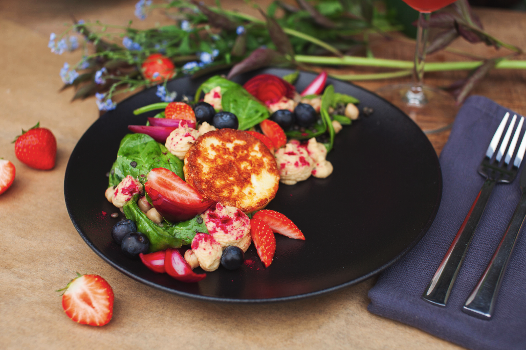 Vegan Chickpea and Lentils Salad with Hummus and Summer Berries with Kalamatsi Fried Cheese-1